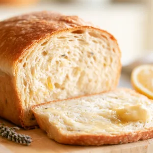 Soft Lavender Lemon Sourdough Loaf with tender crumb and lemon zest