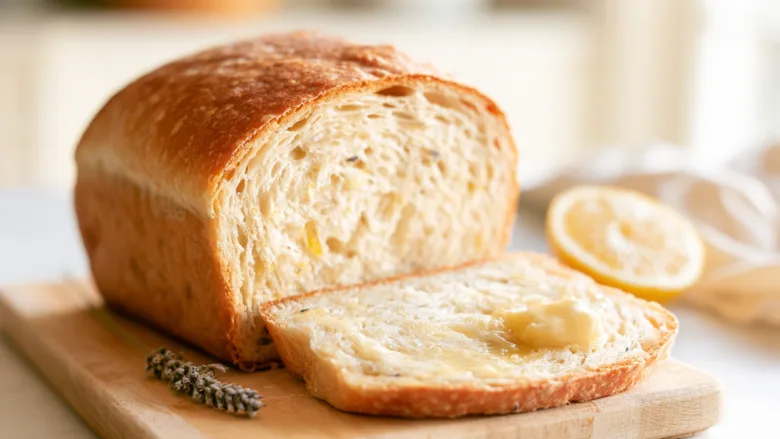 Soft Lavender Lemon Sourdough Loaf with tender crumb and lemon zest