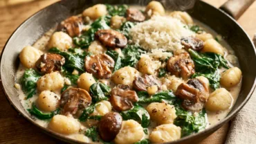 Creamy Spinach and Mushroom Gnocchi with Parmesan in one skillet