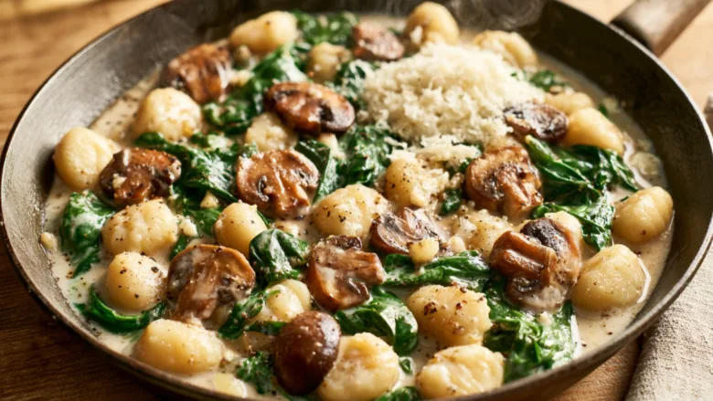 Creamy Spinach and Mushroom Gnocchi with Parmesan in one skillet