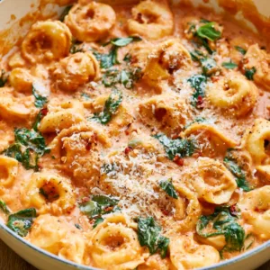 One Pot Creamy Spinach Tomato Tortellini with Parmesan