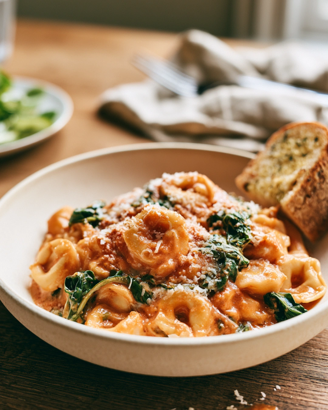 One Pot Creamy Spinach Tomato Tortellini served with garlic bread