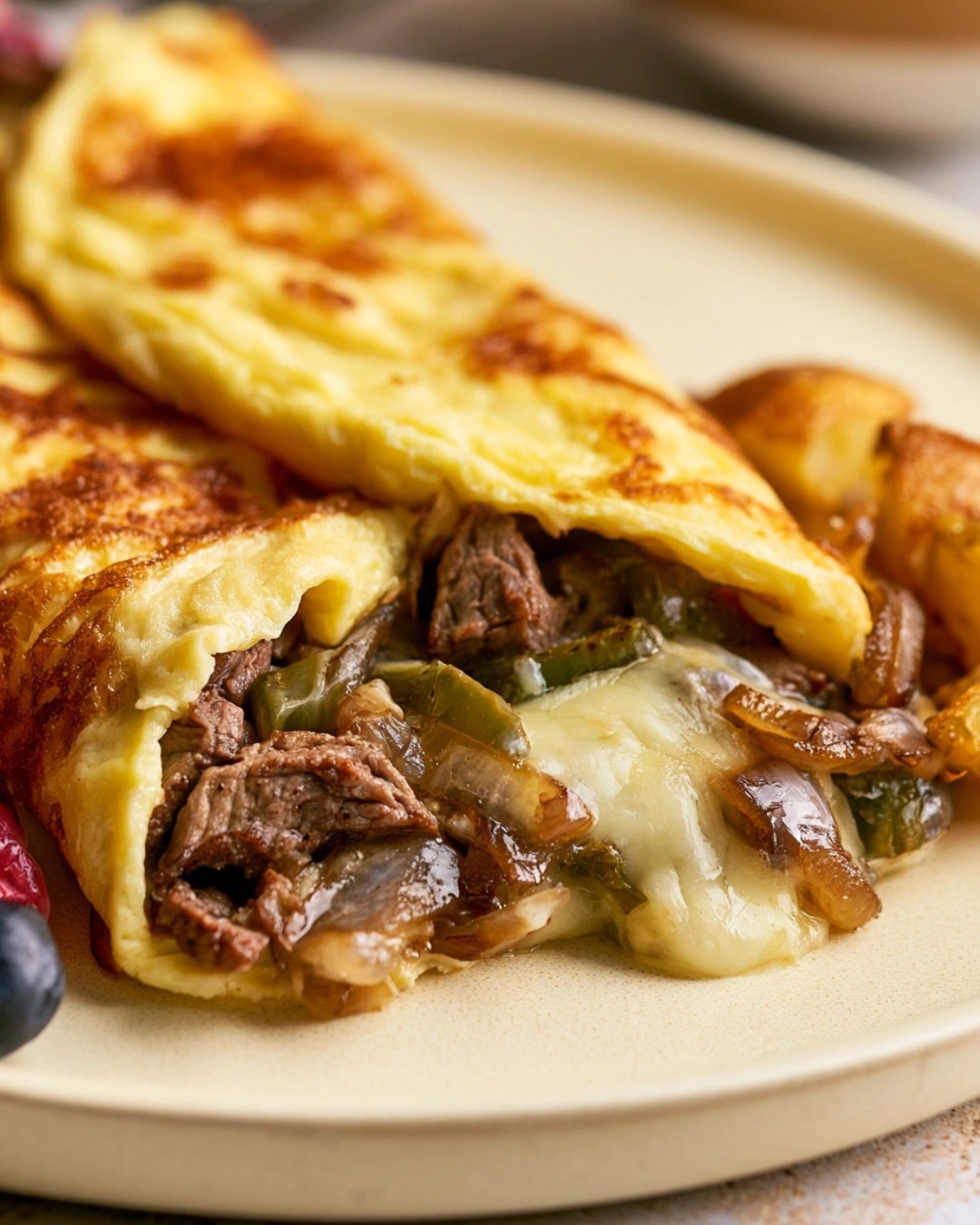 Philly Cheesesteak Omelette served with crispy breakfast potatoes