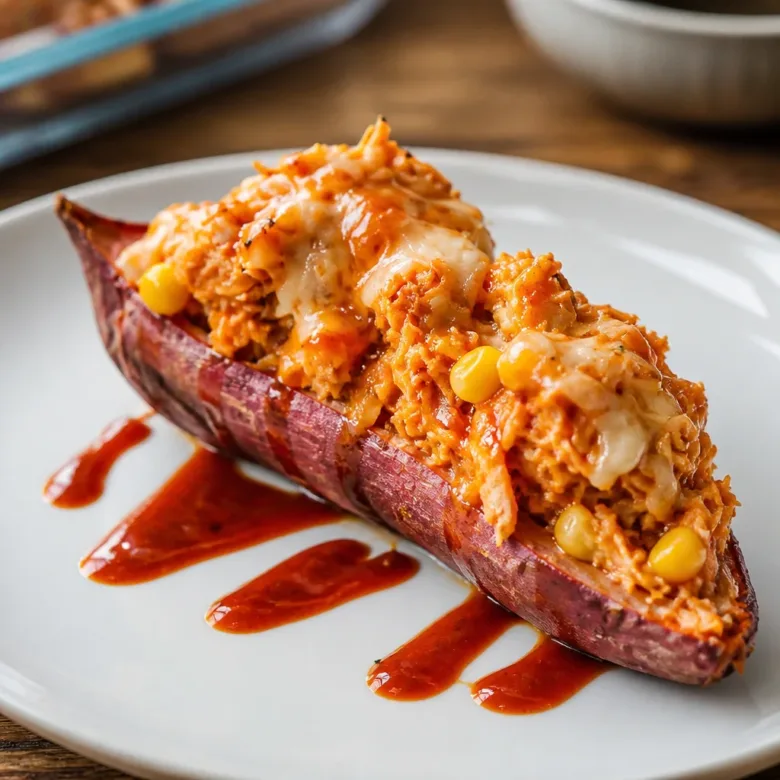 Baked sweet potatoes stuffed with corn and chicken, served on a white plate.