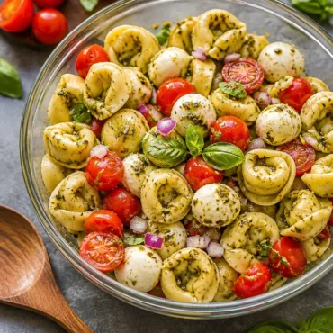 30 Minute Pesto Tortellini Salad with fresh vegetables and basil pesto dressing