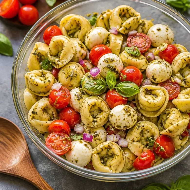 30 Minute Pesto Tortellini Salad with fresh vegetables and basil pesto dressing