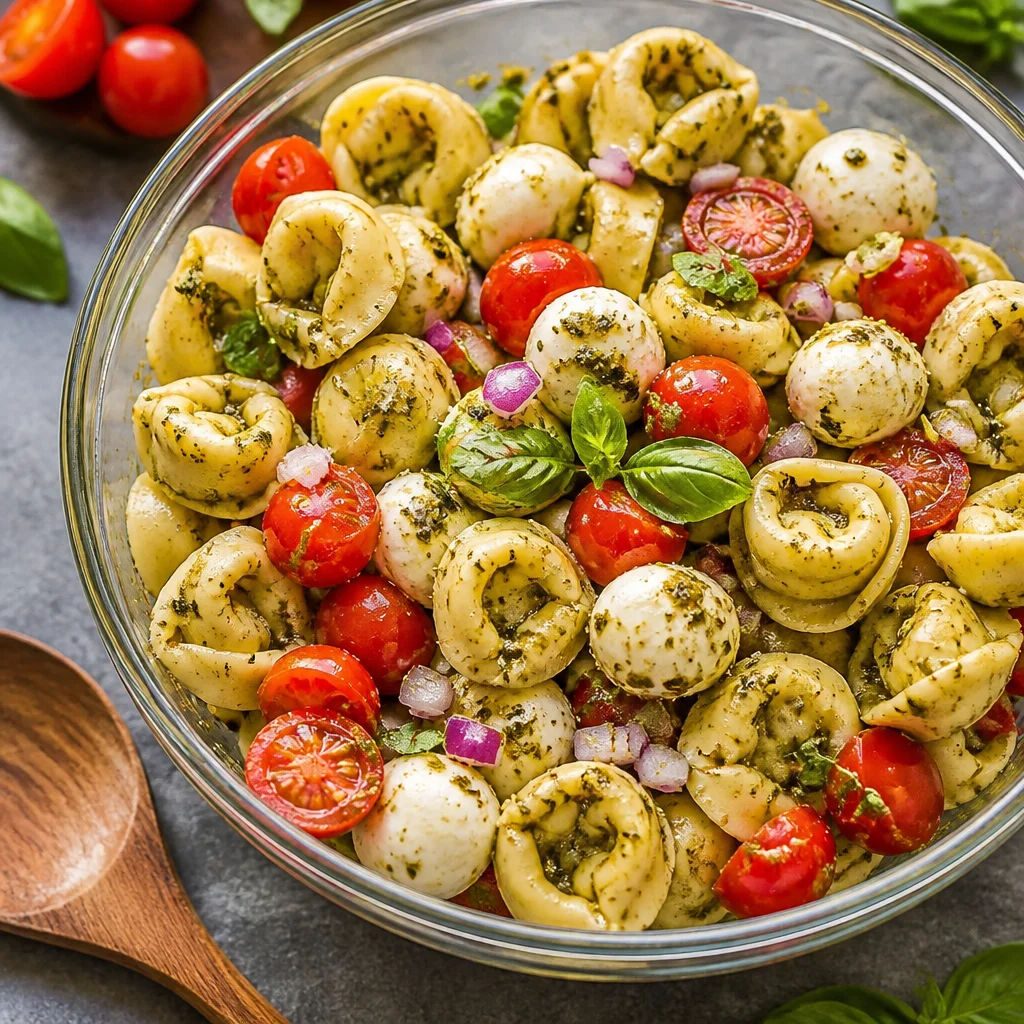 30 Minute Pesto Tortellini Salad with tomatoes, mozzarella, cucumber and basil pesto