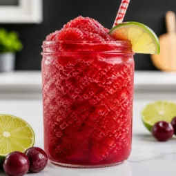 4-Ingredient Low-Carb Cherry Lime Slushie with sparkling water and frozen cherries.