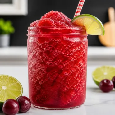 4-Ingredient Low-Carb Cherry Lime Slushie with sparkling water and frozen cherries.