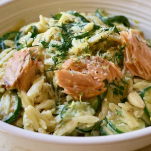 Salmon Zucchini Orzo Pasta with lemon, Parmesan, zucchini, and salmon