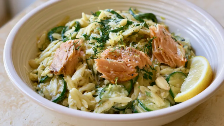 Salmon Zucchini Orzo Pasta with lemon, Parmesan, zucchini, and salmon
