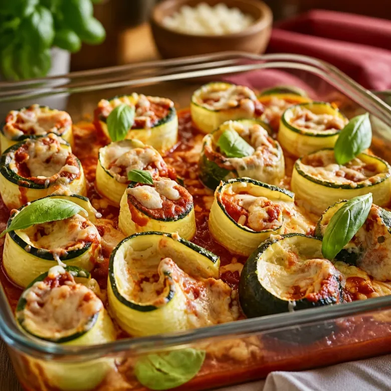 Cheesy Zucchini & Ricotta Roll Ups baked in marinara sauce topped with mozzarella.
