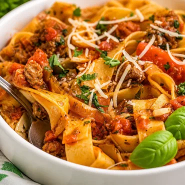 Plate of Italian Drunken Noodles with spicy sausage, peppers, and fresh herbs in a wine-infused sauce.