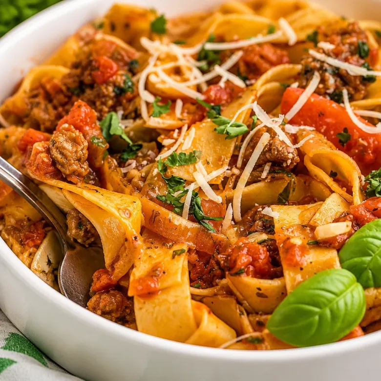 Plate of Italian Drunken Noodles with spicy sausage, peppers, and fresh herbs in a wine-infused sauce.