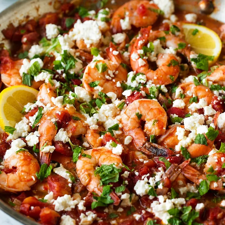 Plate of Greek Shrimp with Tomatoes and Feta garnished with fresh herbs.
