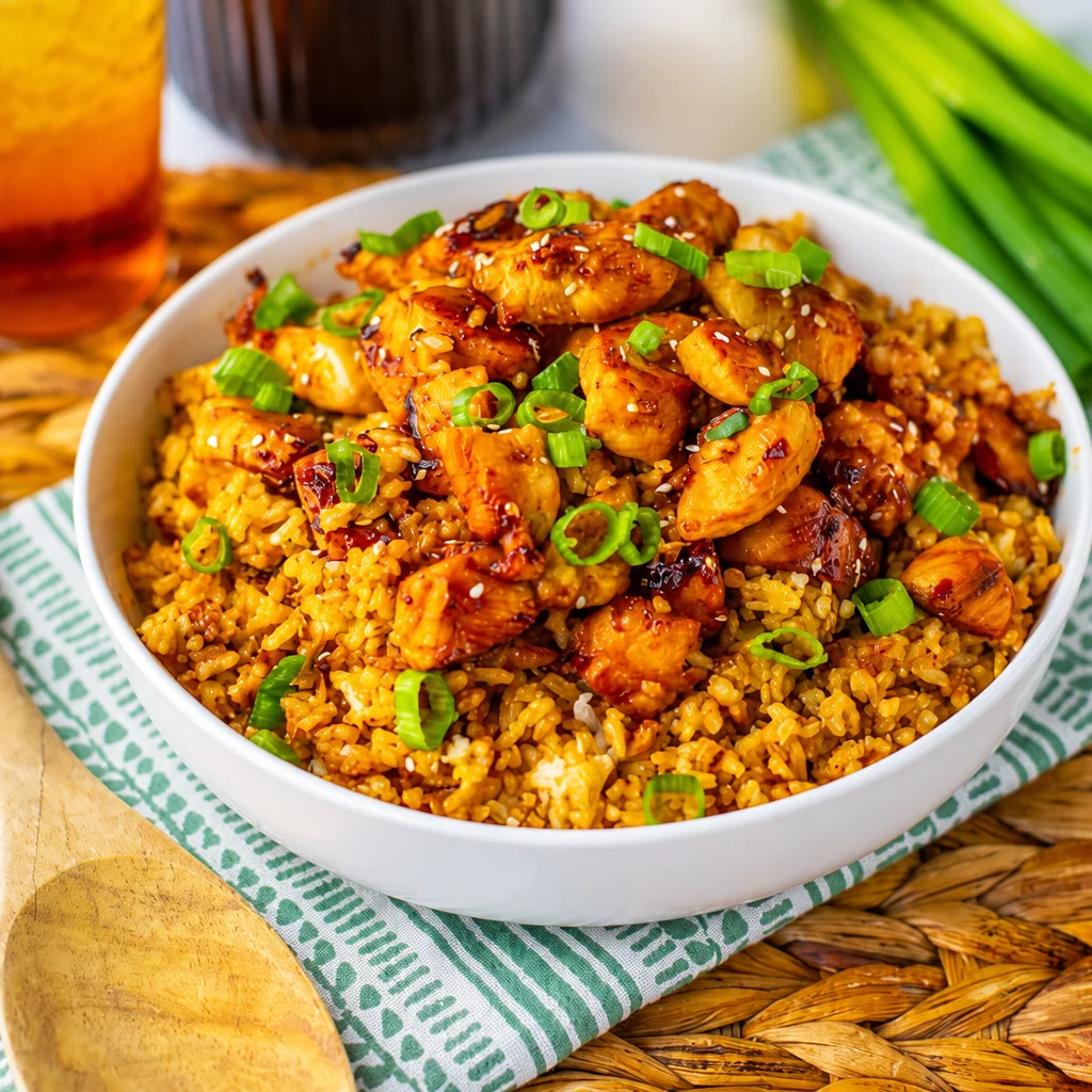 Delicious BBQ Chicken Fried Rice with chicken, veggies, and Japanese sauce in a bowl.
