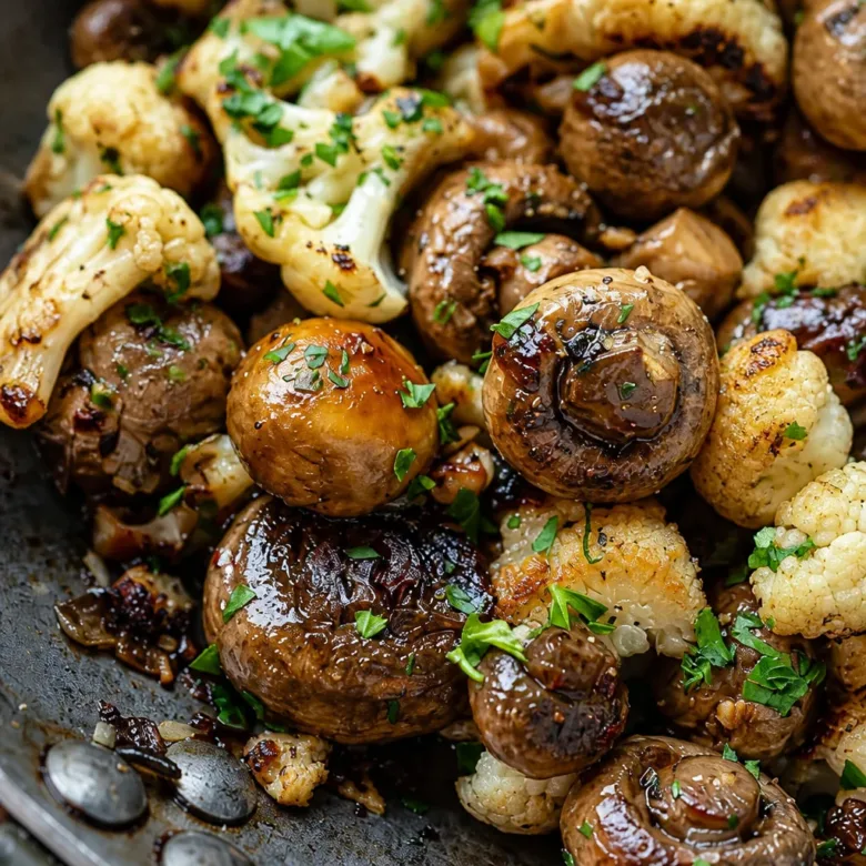 Sautéed Garlic Mushrooms and Cauliflower in a skillet with butter and herbs.