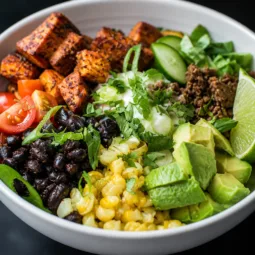 Delicious Sweet Potato Taco Bowl with Savory Ground Beef, black beans, and fresh toppings.