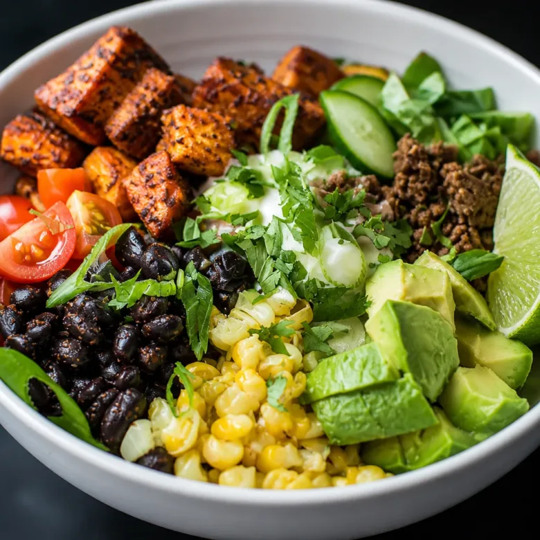 Delicious Sweet Potato Taco Bowl with Savory Ground Beef, black beans, and fresh toppings.