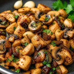 Delicious Mushroom Chicken Bites served in a flavorful sauce with tender mushrooms.