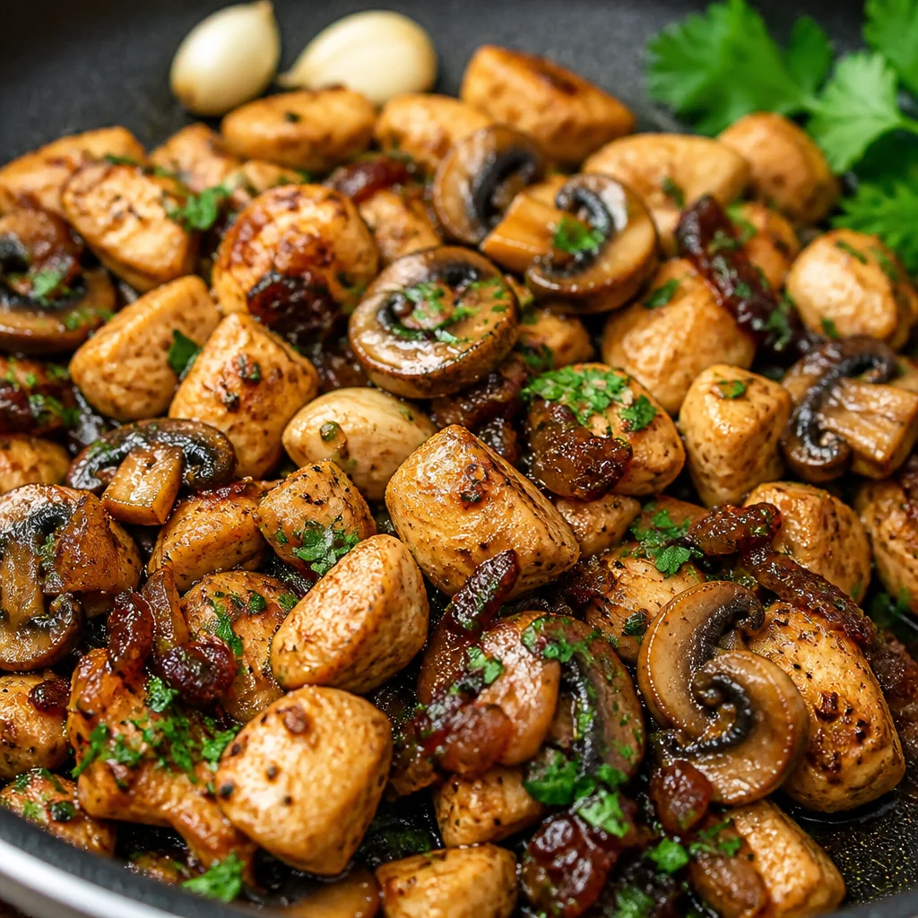 Delicious Mushroom Chicken Bites served in a flavorful sauce with tender mushrooms.