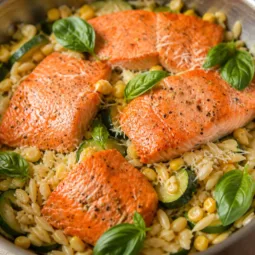 Delicious Salmon Zucchini Orzo Pasta served in a bowl with fresh seasonal veggies.