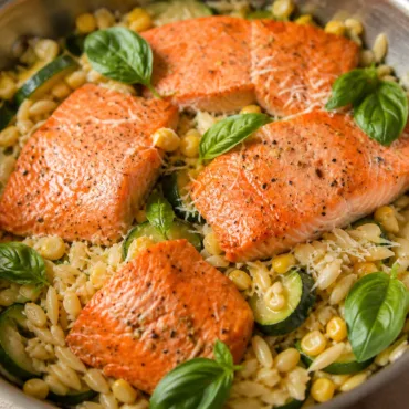 Delicious Salmon Zucchini Orzo Pasta served in a bowl with fresh seasonal veggies.