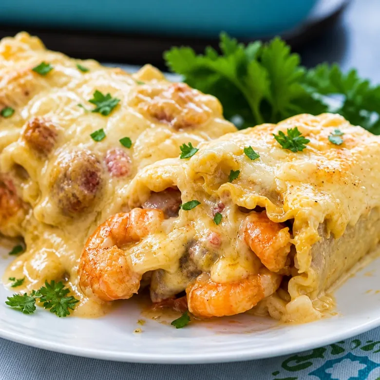 Plate of Seafood Alfredo Lasagna Roll-Ups topped with creamy sauce and cheese.