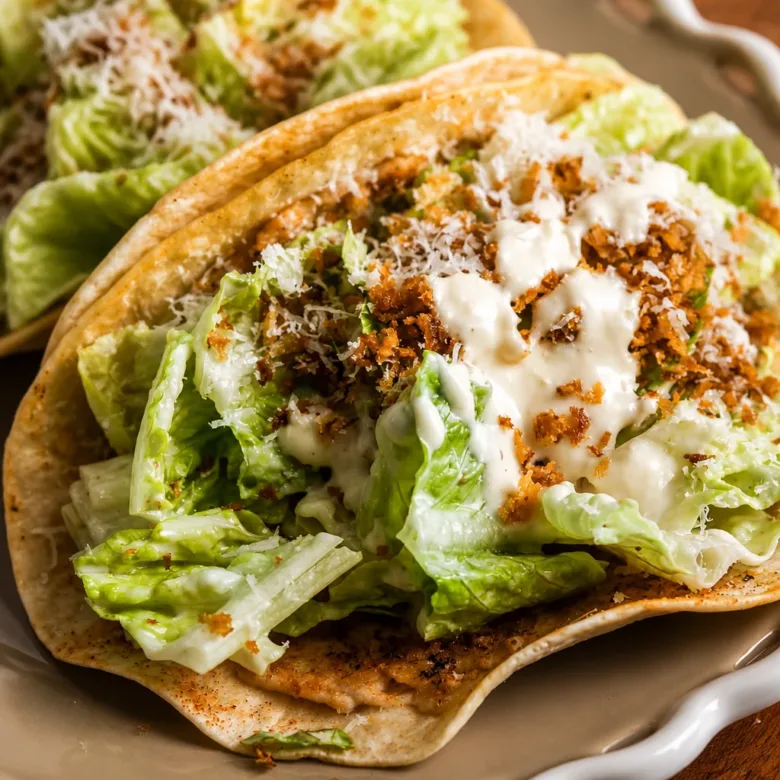 Smash Chicken Caesar Tacos with ground chicken, romaine, and Caesar dressing in a crispy tortilla.