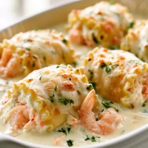 Seafood Alfredo Lasagna Roll-Ups with shrimp, crab, ricotta, and creamy Alfredo sauce