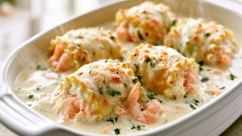 Seafood Alfredo Lasagna Roll-Ups with shrimp, crab, ricotta, and creamy Alfredo sauce