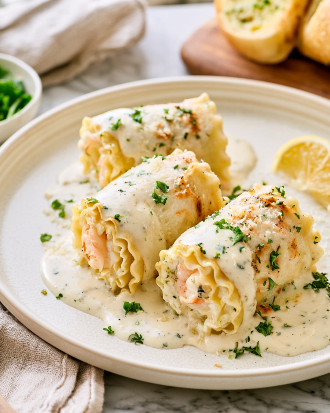 Seafood Alfredo Lasagna Roll-Ups served with salad and garlic bread