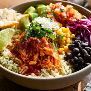 Slow Cooker Chicken Burrito Bowl with chicken tinga and avocado