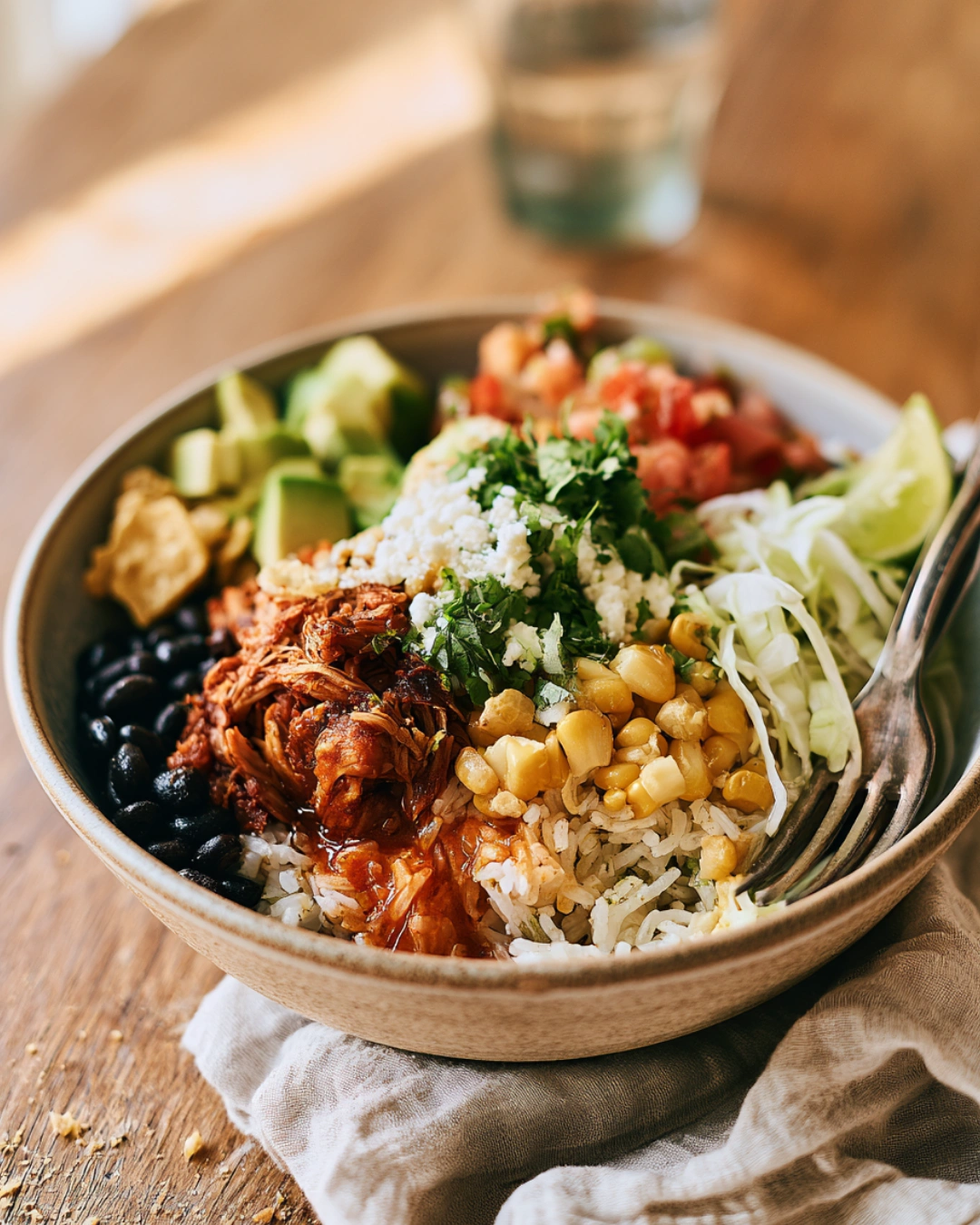 Slow Cooker Chicken Burrito Bowl served with rice and avocado