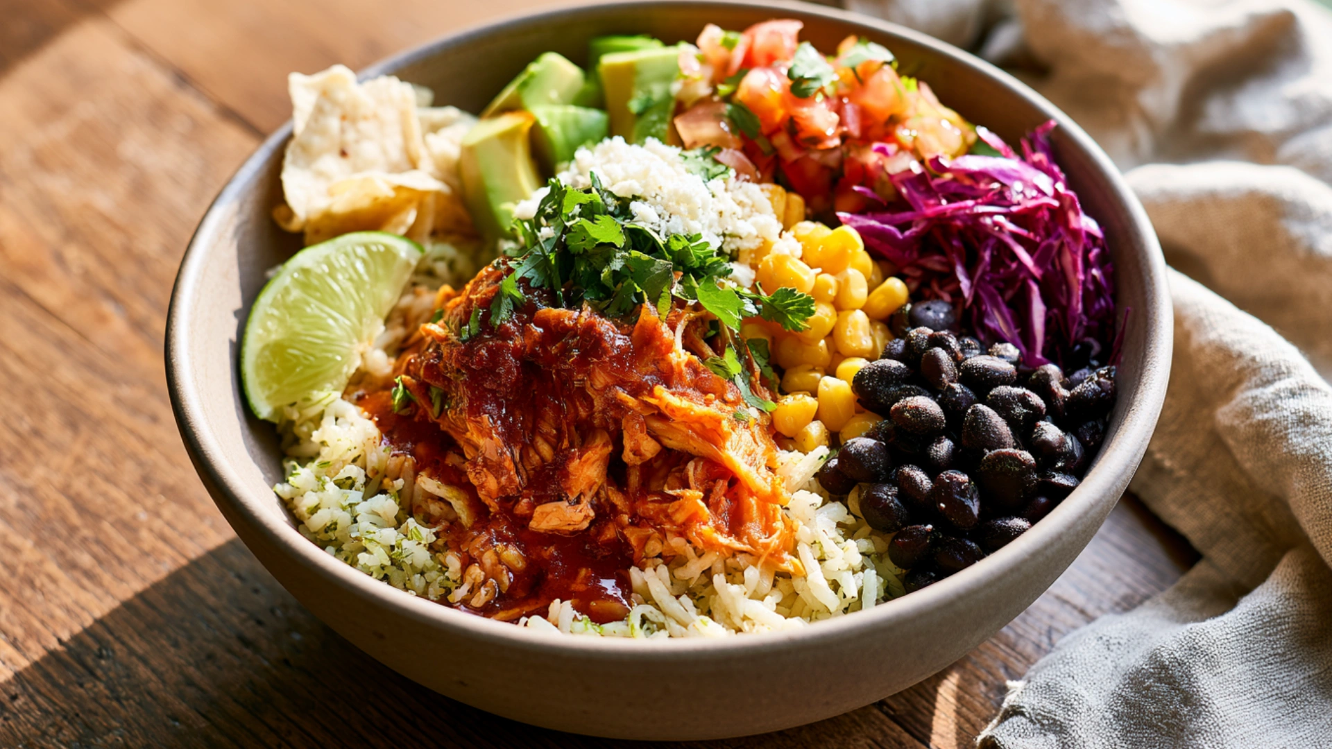 Slow Cooker Chicken Burrito Bowl with chicken tinga and avocado