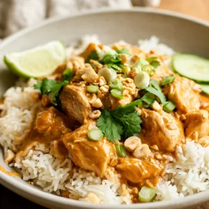 Slow Cooker Peanut Chicken with jasmine rice and peanuts