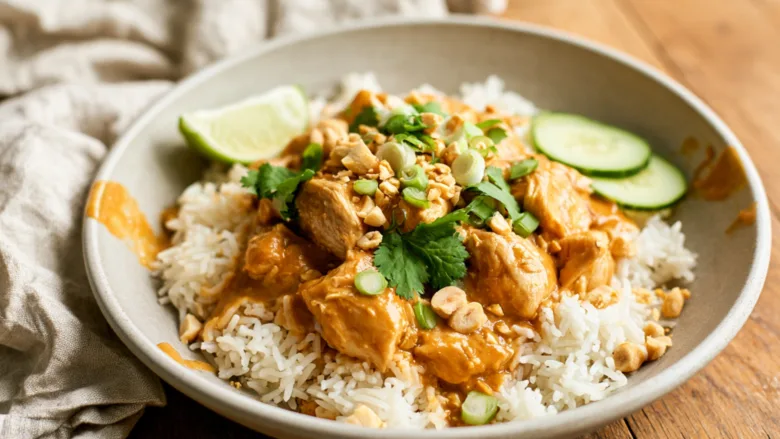 Slow Cooker Peanut Chicken with jasmine rice and peanuts