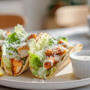 Smash Chicken Caesar Tacos with crispy chicken, romaine lettuce and Parmesan
