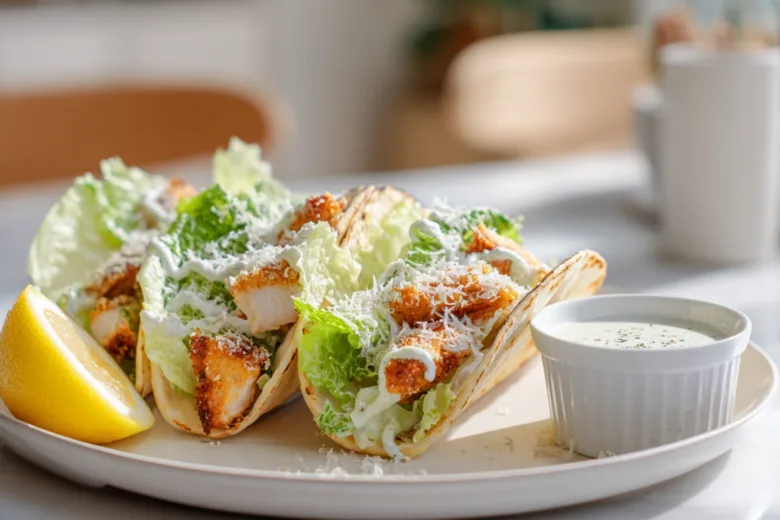 Smash Chicken Caesar Tacos with crispy chicken, romaine lettuce and Parmesan