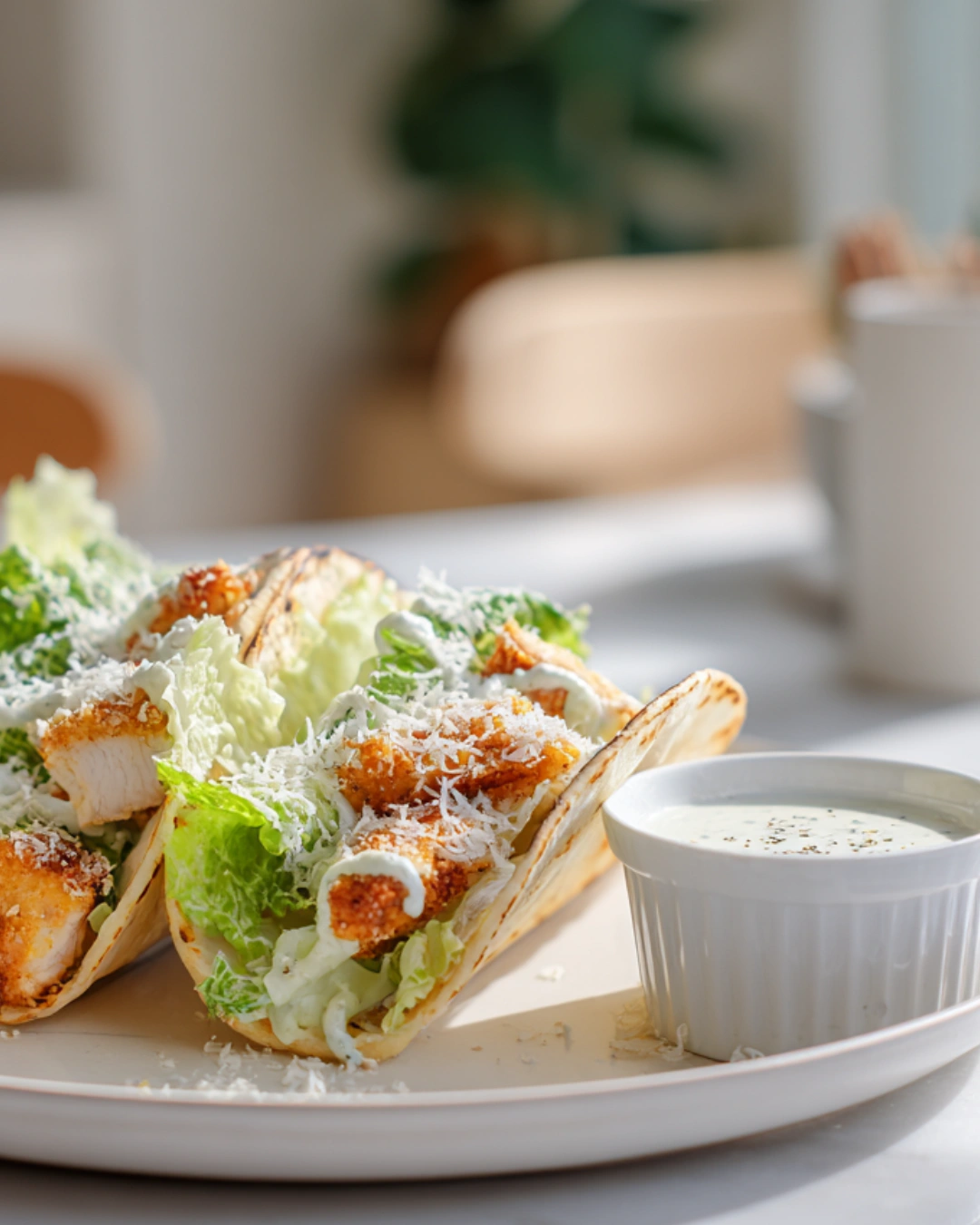 Smash Chicken Caesar Tacos served with sweet potato fries and salad