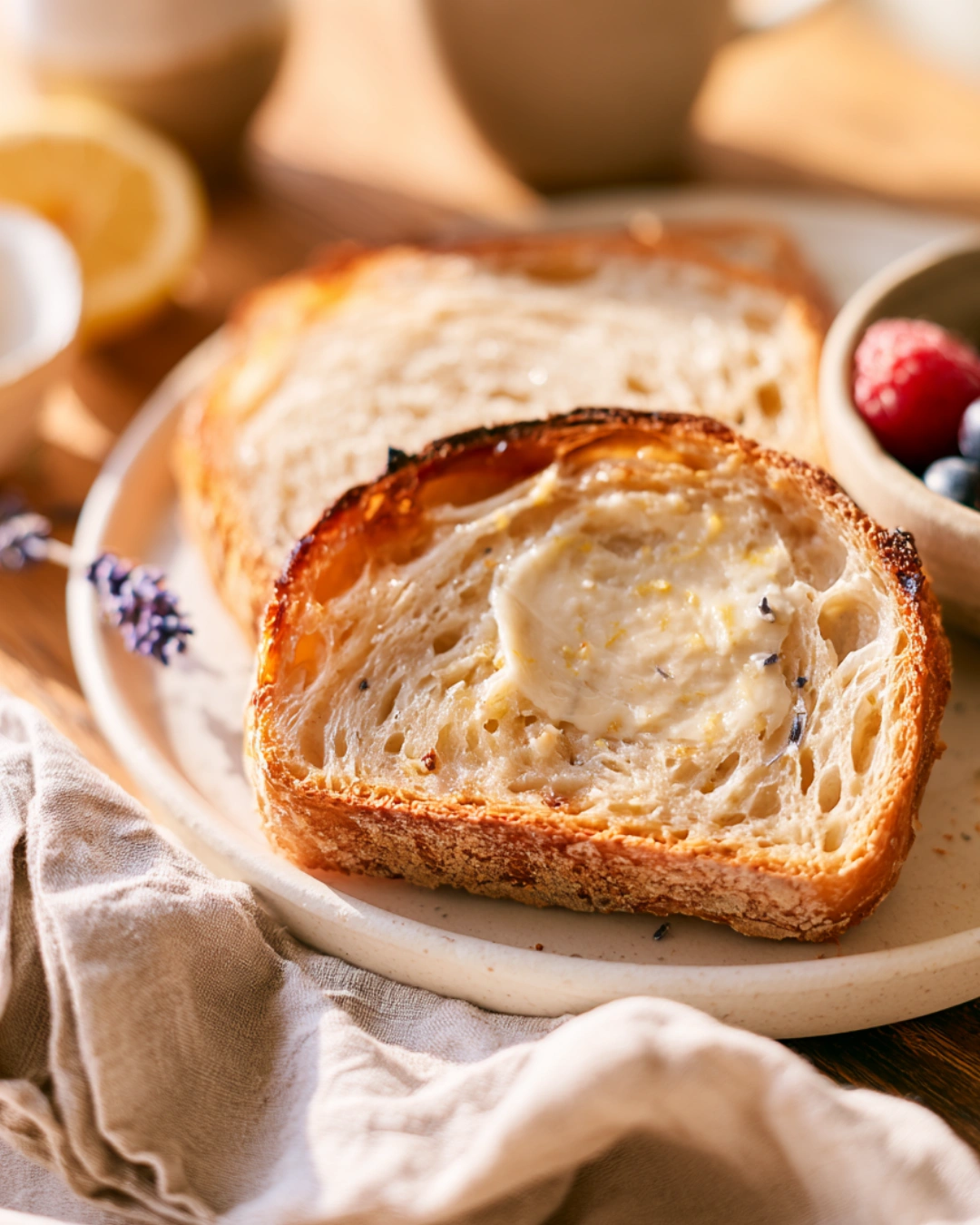 Soft Lavender Lemon Sourdough Loaf served with butter and berries