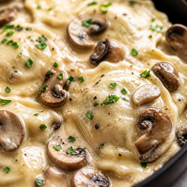Delicious Steak and Ravioli with Creamy Garlic Herb Sauce served elegantly.