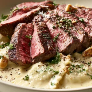 Steak and Ravioli with Creamy Garlic Herb Sauce