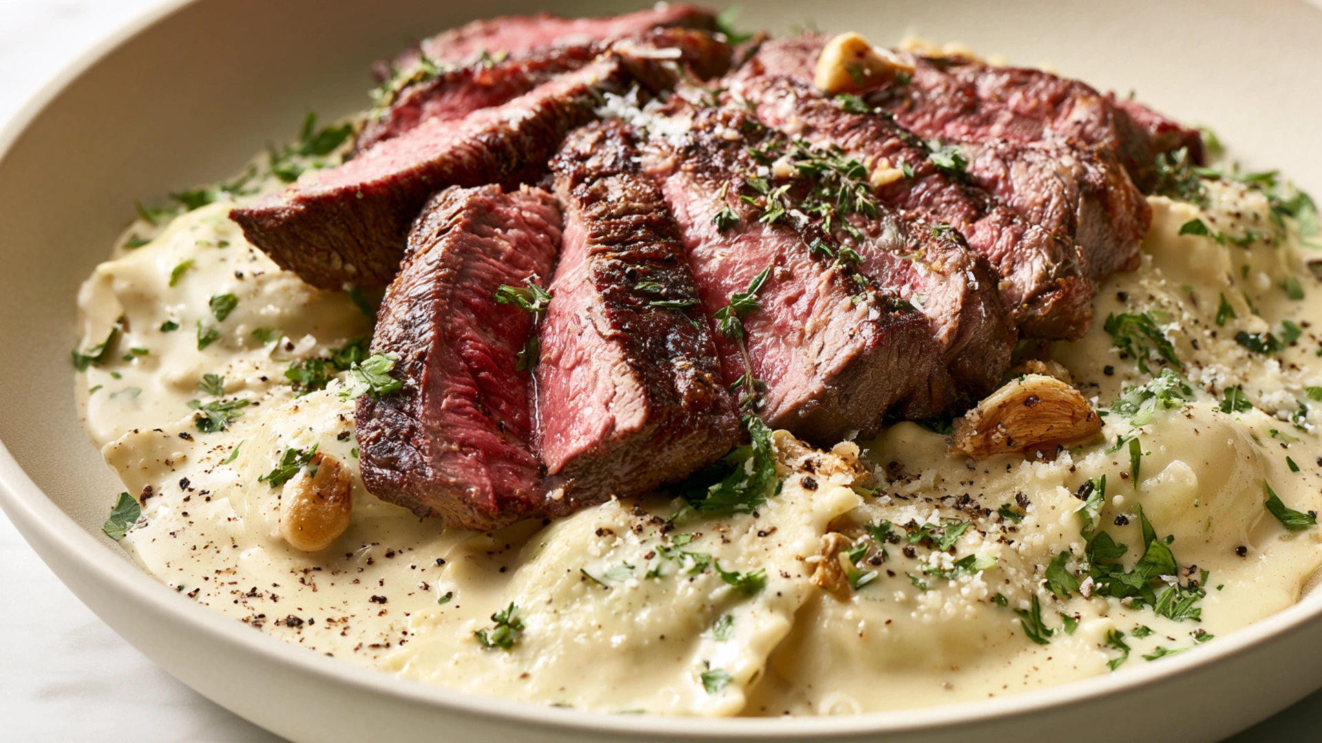 Steak and Ravioli with Creamy Garlic Herb Sauce