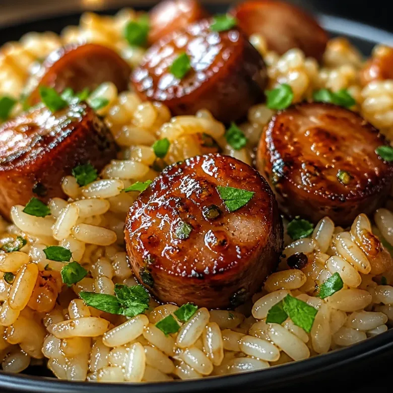 Delicious Sticky Honey Garlic Smoked Sausage Rice in a skillet with colorful vegetables.