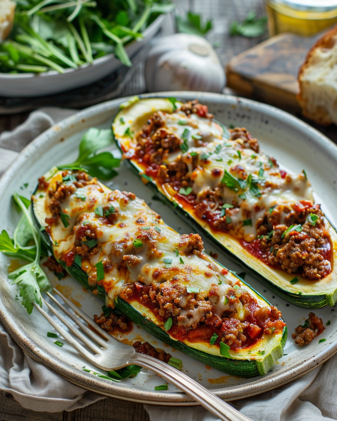 Deliciously Easy Stuffed Zucchini Boats with Ground Beef served with salad