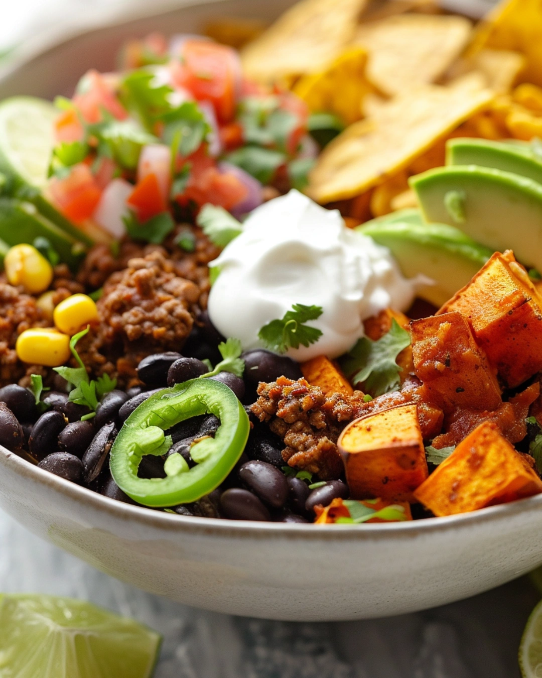 Sweet Potato Taco Bowl With Savory Ground Beef served with avocado