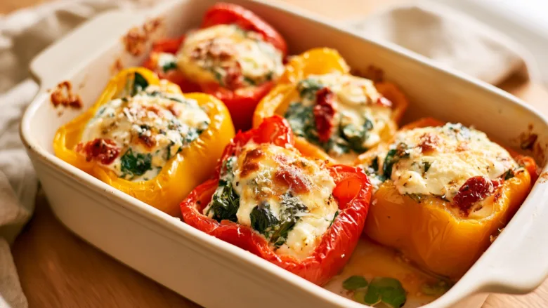 Tuscan Ricotta Stuffed Peppers with spinach and sun-dried tomatoes