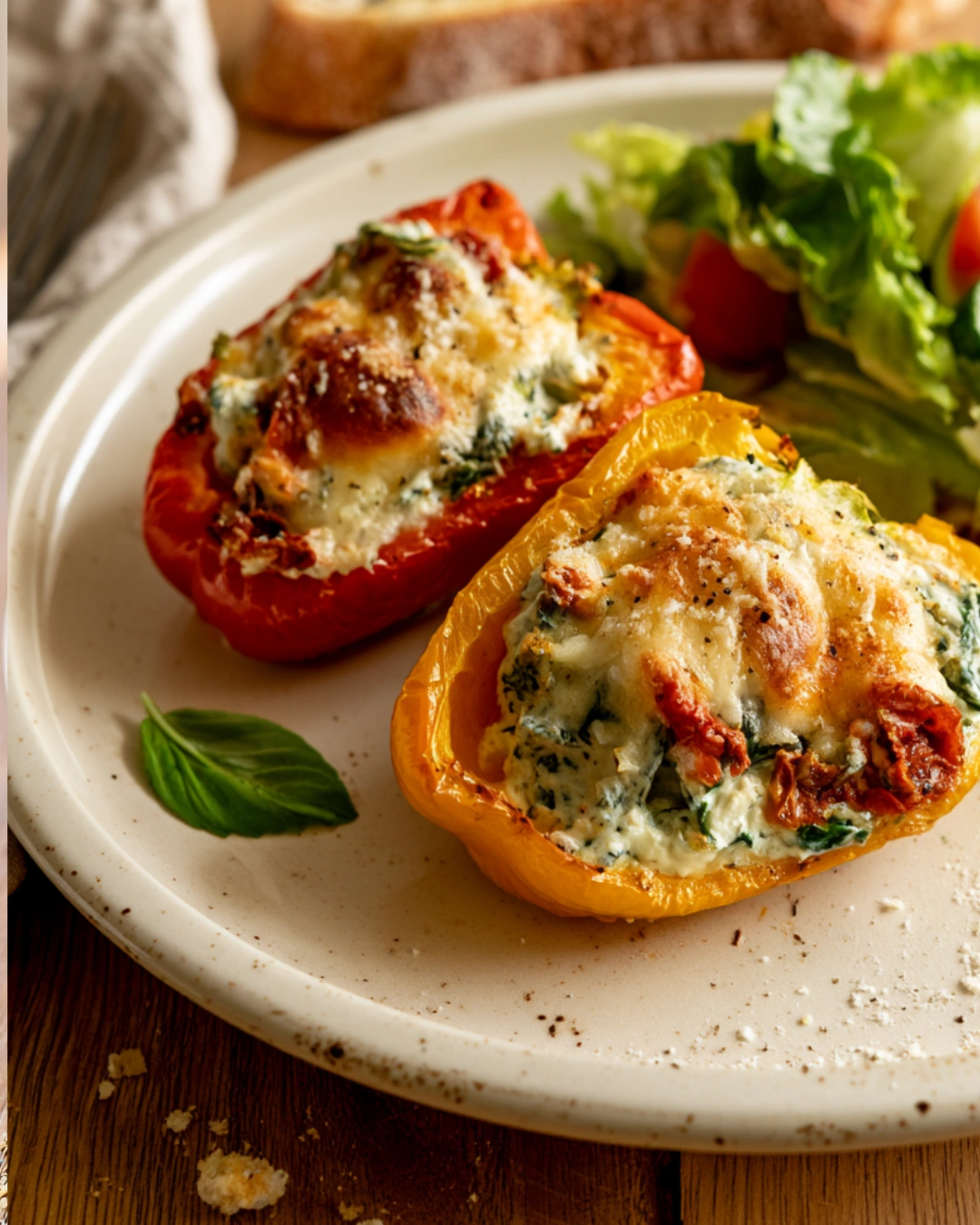 Tuscan Ricotta Stuffed Peppers served with salad and garlic bread