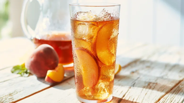 Southern Peach Tea with fresh peaches and ice